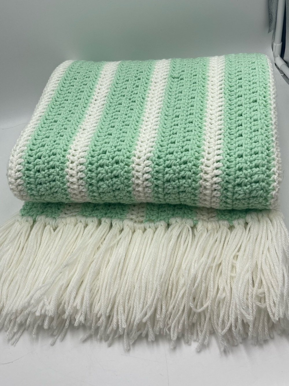 NWOT Vintage Handmade Crochet Blanket Mint Green & White Striped Throw - 40"x76"